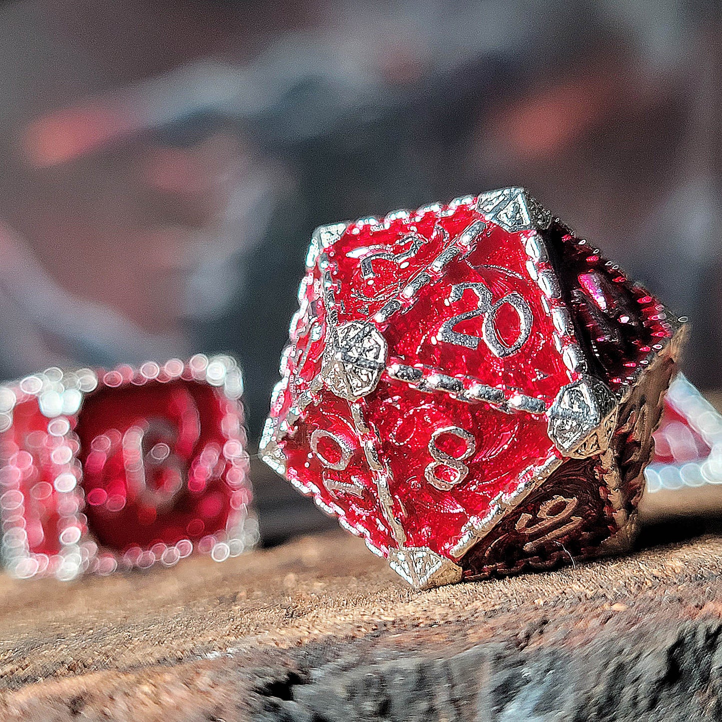 Wyrm's Mew Silver Red Metal RPG Dice Set