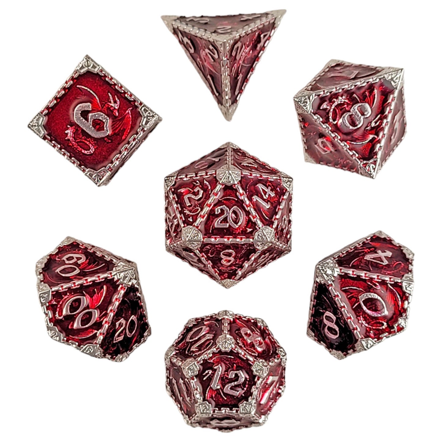 Wyrm's Mew Silver Red Metal RPG Dice Set