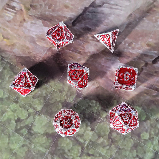 Wyrm's Mew Silver Red Metal RPG Dice Set